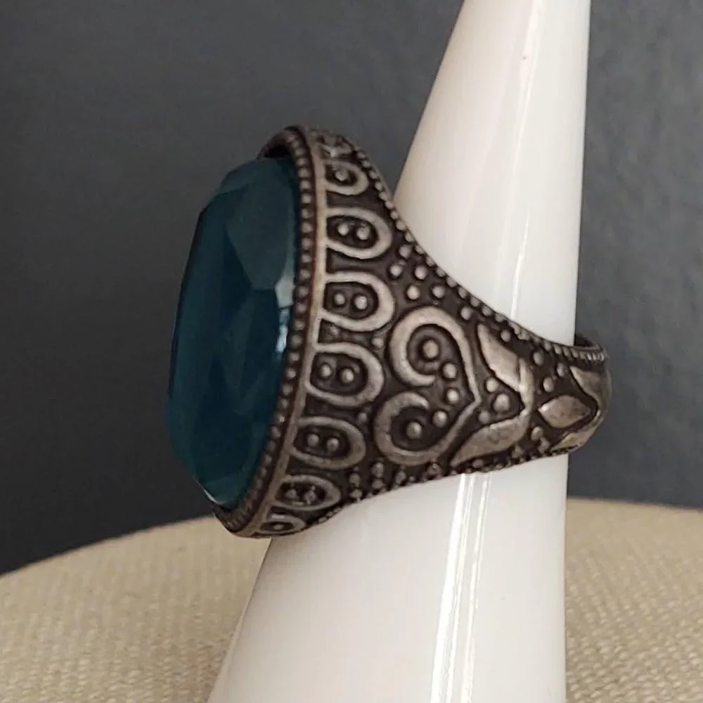 Large blue faceted bead statement ring